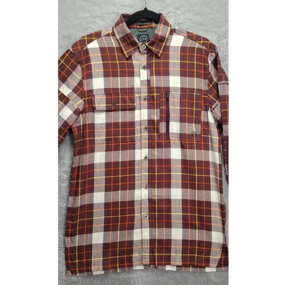 Wrangler Mens ATG Flannel Size Small Trapper Long Sleeve Brown Plaid Elbow Pads - Picture 9 of 10